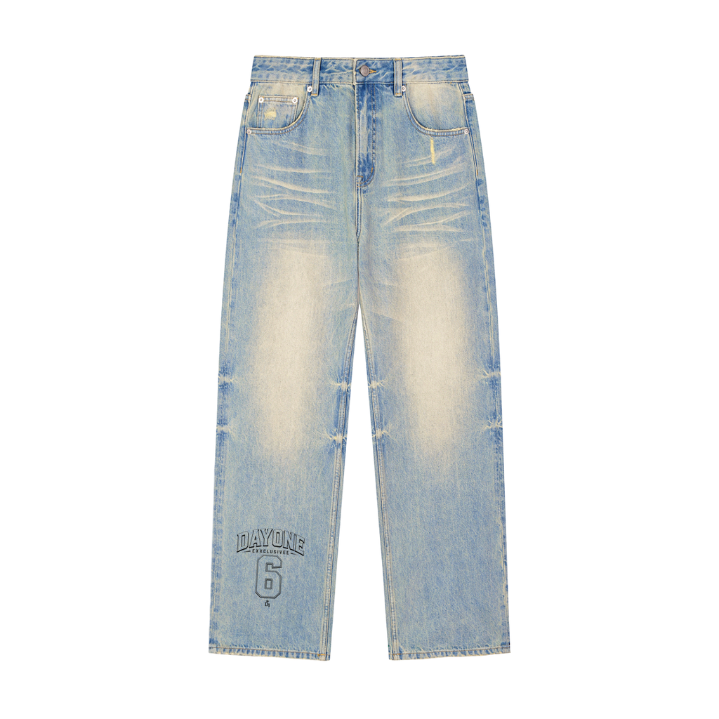 Sun Fade Raw Hem Denim Jeans