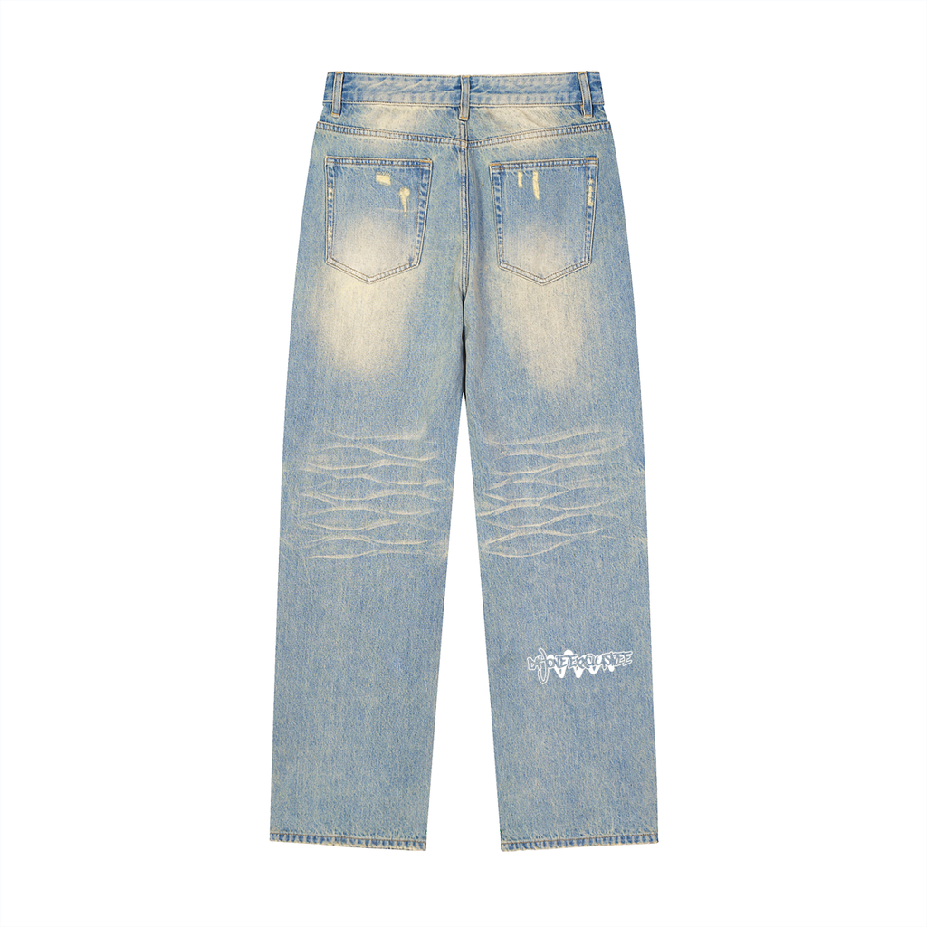 Sun Fade Raw Hem Denim Jeans